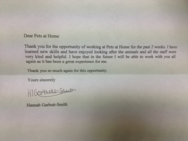 Swindon recieve a thank you letter from a work experience 